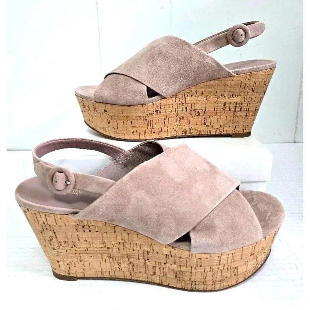 Diane von Furstenberg Juno Suede Slingback Wedge Sandals Beige Women's Size 10 M